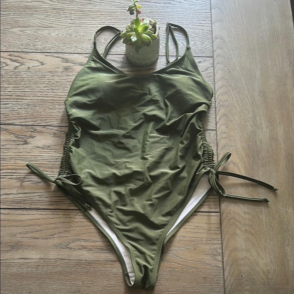Olive Green Ruched Side One-Piece Swimsuit - Earthy Minimalist Style